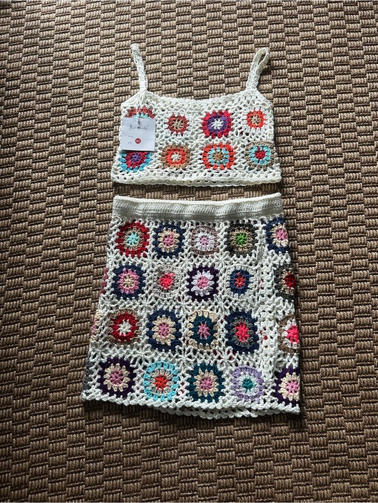 Just Quella Other - Handmade Crochet Two-Piece Swim Coverup Set - Cream with Multicolor Motifs